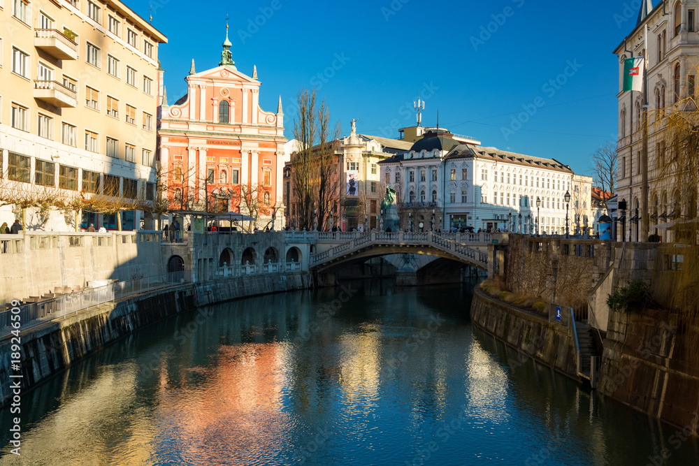 View of Ljubljana's city center with Triple bridge and Franciscan church