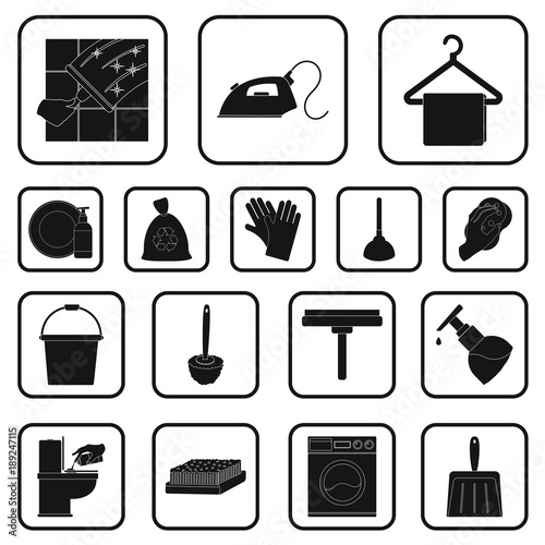 Cleaning and maid black icons in set collection for design. Equipment for cleaning vector symbol stock web illustration.