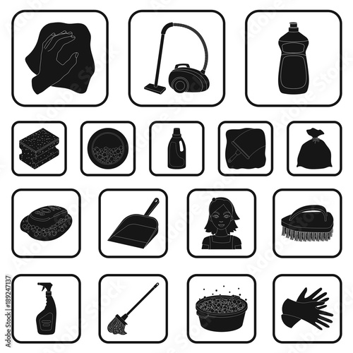 Cleaning and maid black icons in set collection for design. Equipment for cleaning vector symbol stock web illustration.