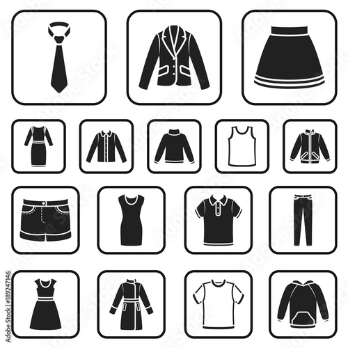 Different kinds of clothes black icons in set collection for design. Clothes and style vector symbol stock web illustration.