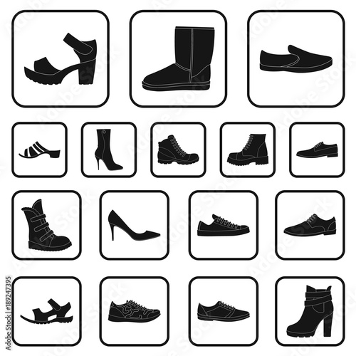 Different shoes black icons in set collection for design. Men's and women's shoes vector symbol stock web illustration.