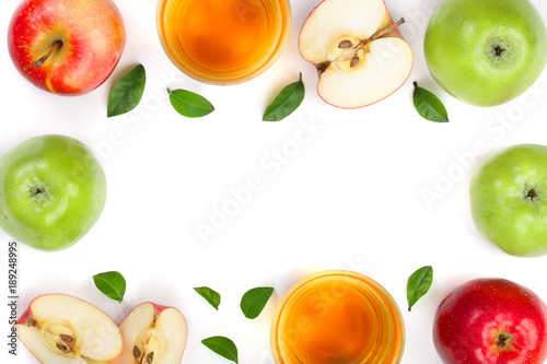 apple with juice and leaves isolated on white background with copy space for your text. top view. Flat lay pattern
