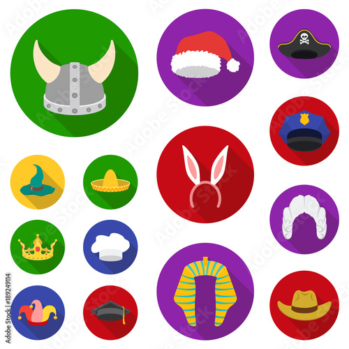 Different kinds of hats flat icons in set collection for design.Headdress vector symbol stock web illustration.
