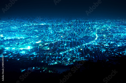 Fototapeta Naklejka Na Ścianę i Meble -  digital circuit line on blue night city background