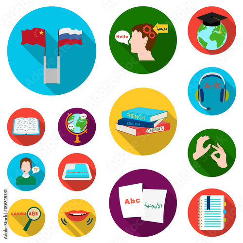 Translator and linguist flat icons in set collection for design. Interpreter vector symbol stock web illustration.