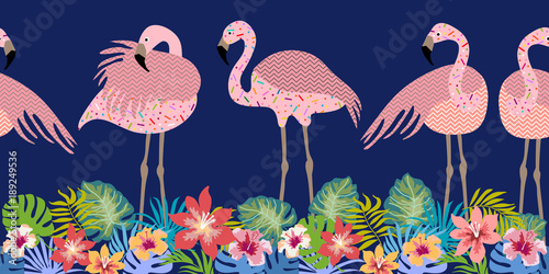 Seamless vector border pith flamingos, flowers and palm leaves.