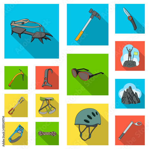 Mountaineering and climbing flat icons in set collection for design. Equipment and accessories vector symbol stock web illustration.