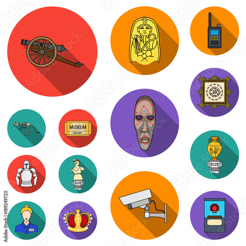 Museum and gallery flat icons in set collection for design. Storage and exhibition of showpiece vector symbol stock web illustration.