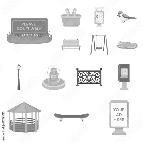 Park, equipment monochrome icons in set collection for design. Walking and rest vector symbol stock web illustration.