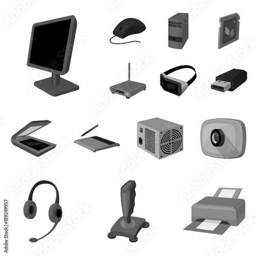Personal computer monochrome icons in set collection for design. Equipment and accessories vector symbol stock web illustration.