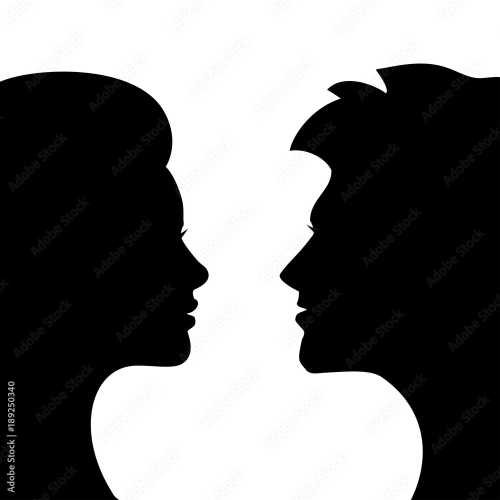 Man and woman faces close up, black and white illustration