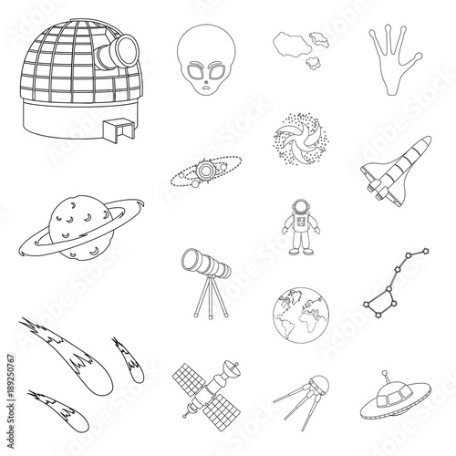 Space technology outline icons in set collection for design.Spacecraft and equipment vector symbol stock web illustration.