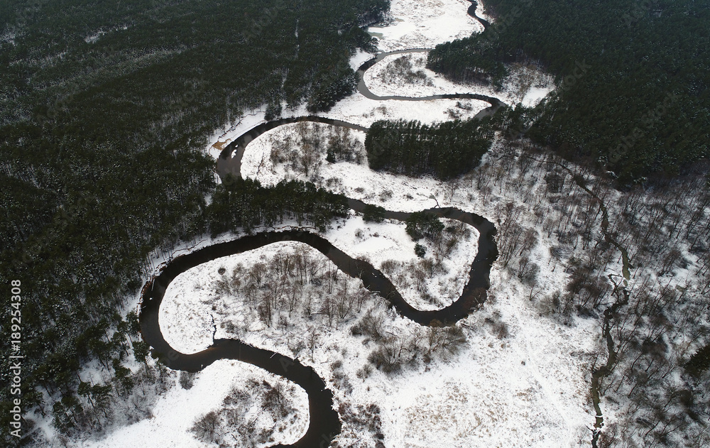 Aerial landscape of natural river in winter