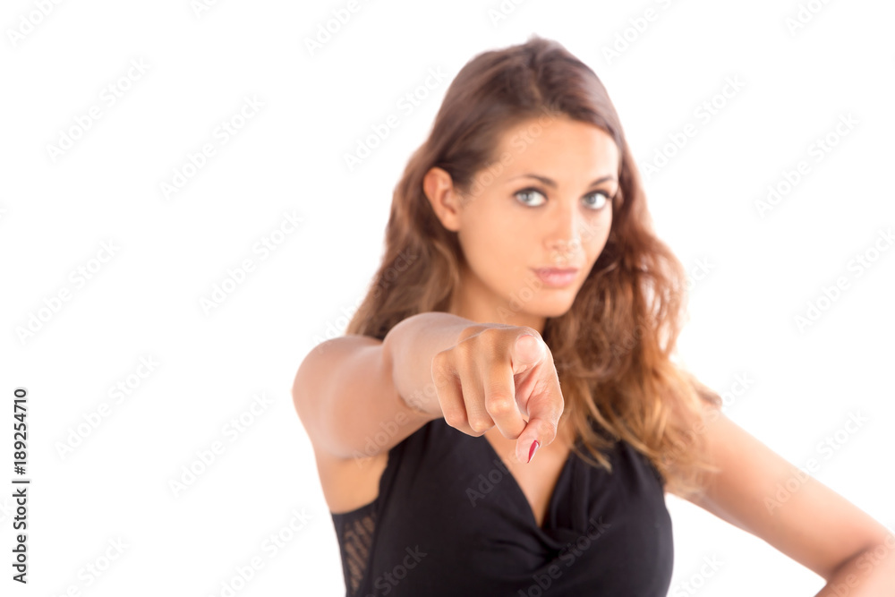 Pretty girl isolated on white, poiting with her hand to the camera. Copy space photo with customizable background. Pretty girl isolated on white, poiting with her hand to the camera. Copy space photo with customizable background.