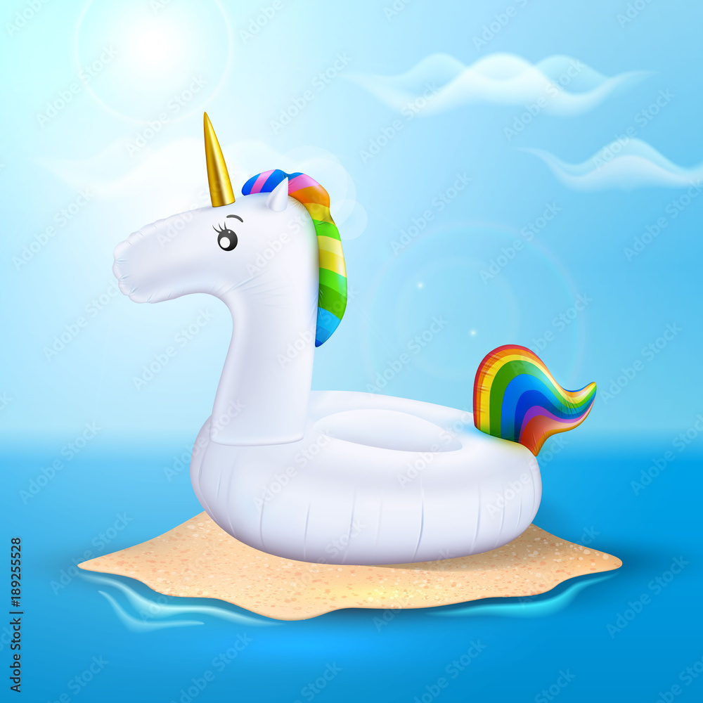 Fototapeta Vector unicorn inflatable pool ring on beach