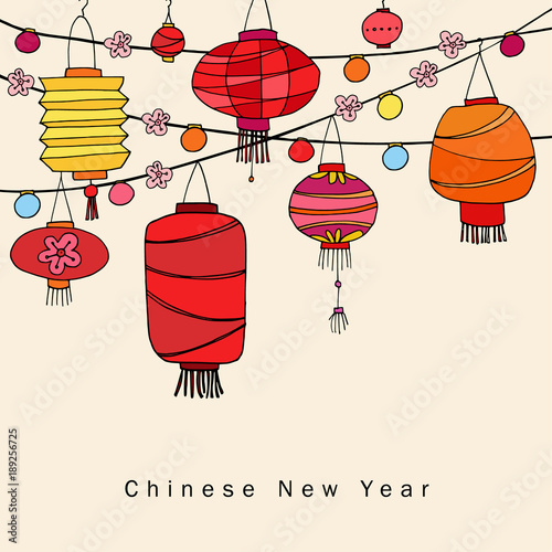 Chinese new year greeting card, invitation with string of hand drawn red lanterns. Asian party decoration. Vector illustration background.