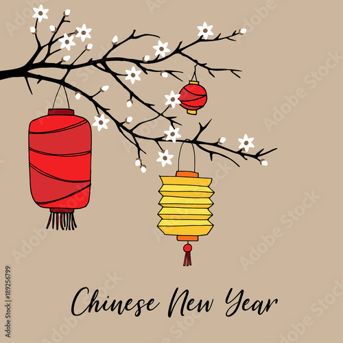 Chinese new year greeting card, invitation with hand drawn paper lanterns and blooming cherry tree branch. Asian design. Vector illustration background.
