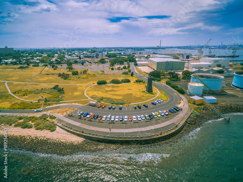 Aerial view of parking lot near ocean coastline at Williamstown suburb of Melbourne, Australia