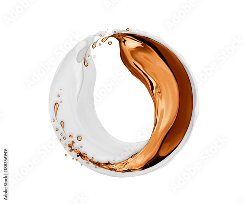 Splashes of milk and coffee rotate in a circular motion