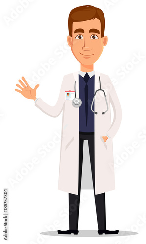 Young professional doctor waving hand