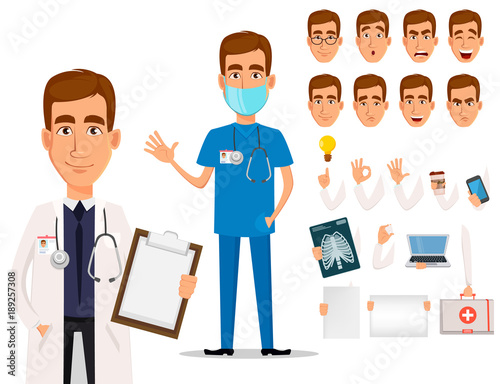 Young professional doctor, pack of body parts and emotions