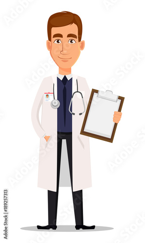 Young professional doctor holding blank clipboard