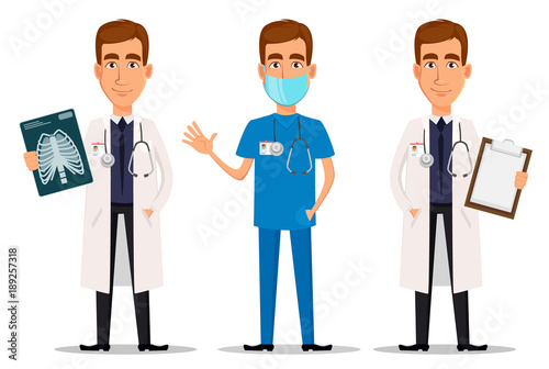 Young professional doctor, set with x-ray shot, with clipboard and waving hand