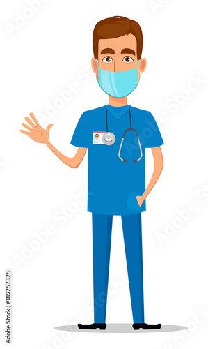 Young professional doctor in mask waving hand