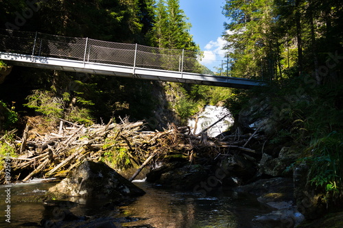 Footbridge on alpine trail through Hell gorge canyon with Riesach waterfalls from lake Riesachsee near Schladming, Austria photo