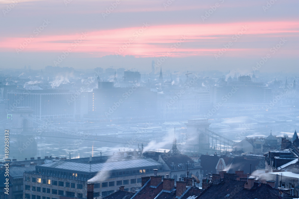City view with steam and fog in extremely cold winter, Budapest