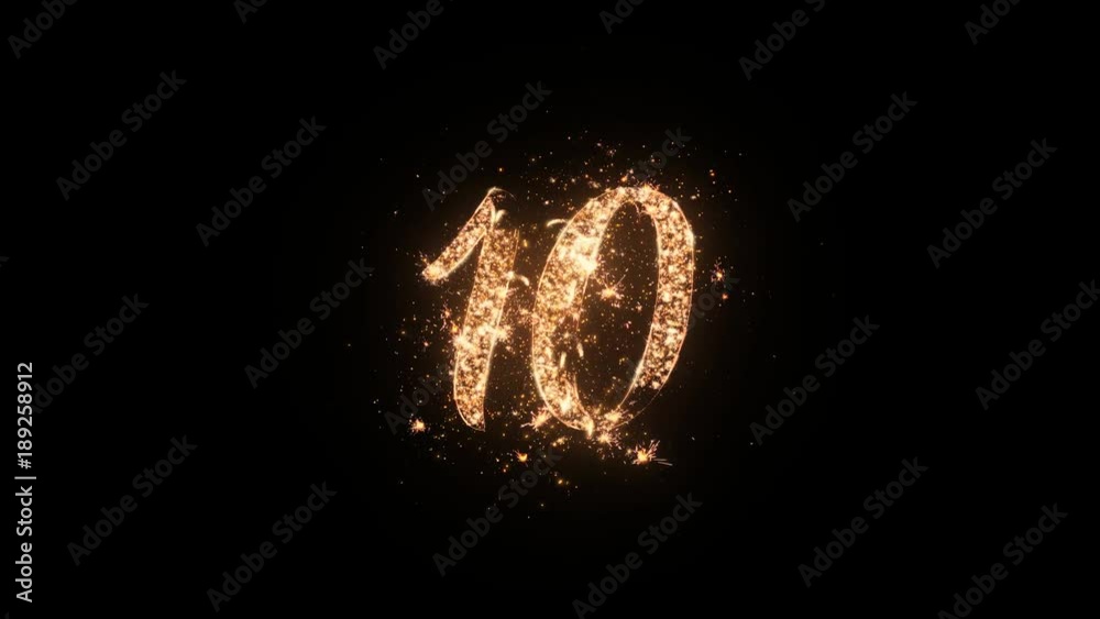 Letter 10 greeting text with particles and sparks isolated on black background, beautiful typography magic design.