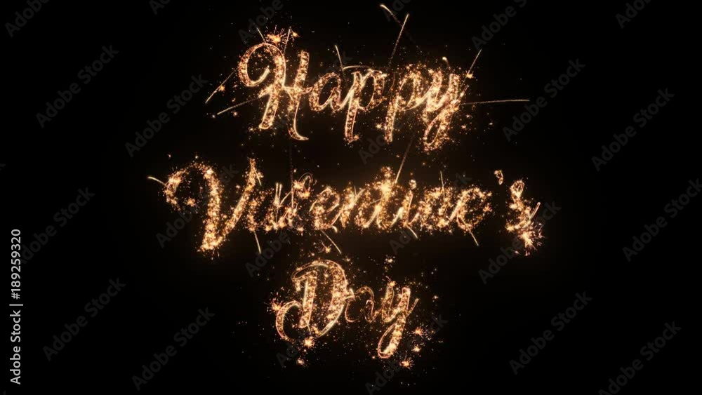 Happy Valentine's Day February 14th greeting text with particles and sparks isolated on black background, beautiful typography magic design.