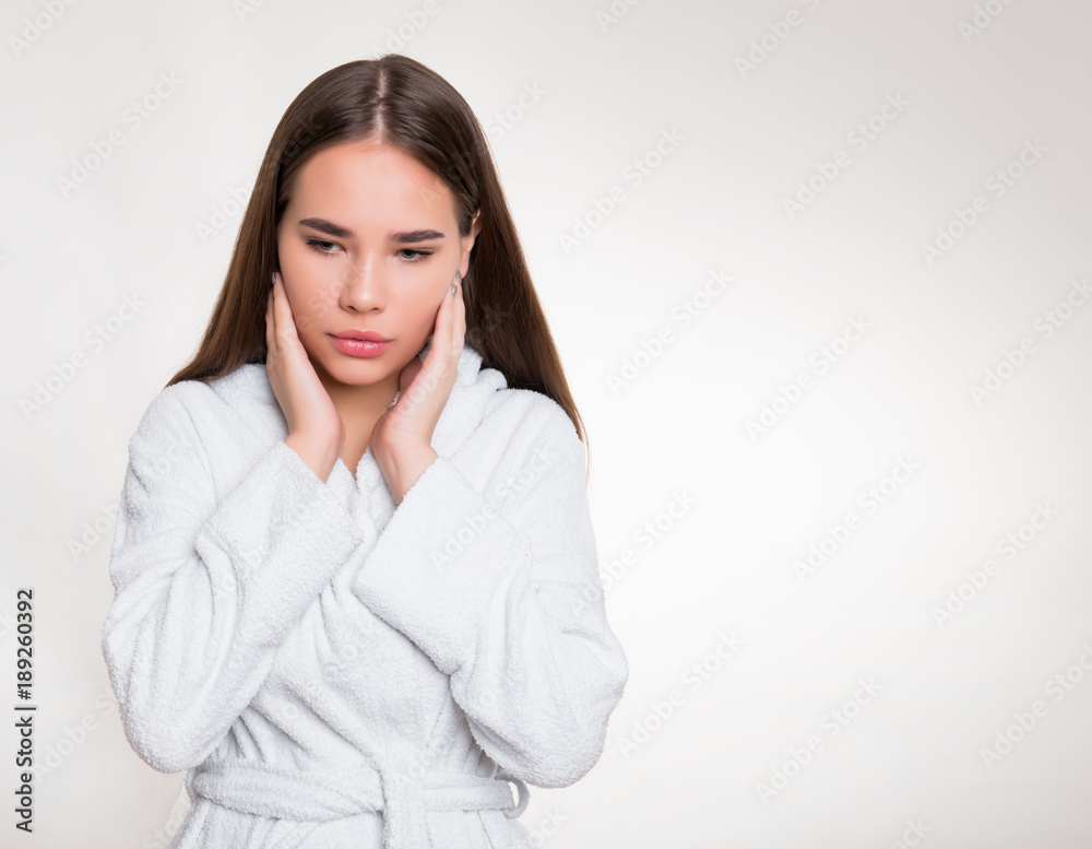 beautiful young woman with long hair wearing bath robe beautiful young woman with long hair wearing bath robe