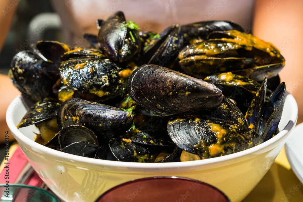 A mussel soup in a restaurant of Siracusa, Sicily A mussel soup in a restaurant of Siracusa, Sicily