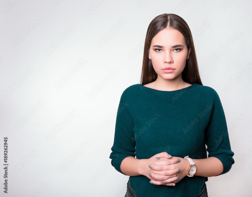 beautiful young woman with long hair wearing wrist watch beautiful young woman with long hair wearing wrist watch