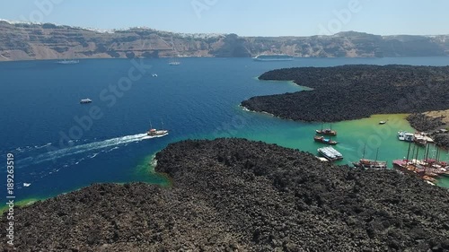 4K Drone Shot Of The Volcanic Nea Kameni Island Near Santorini, Greece