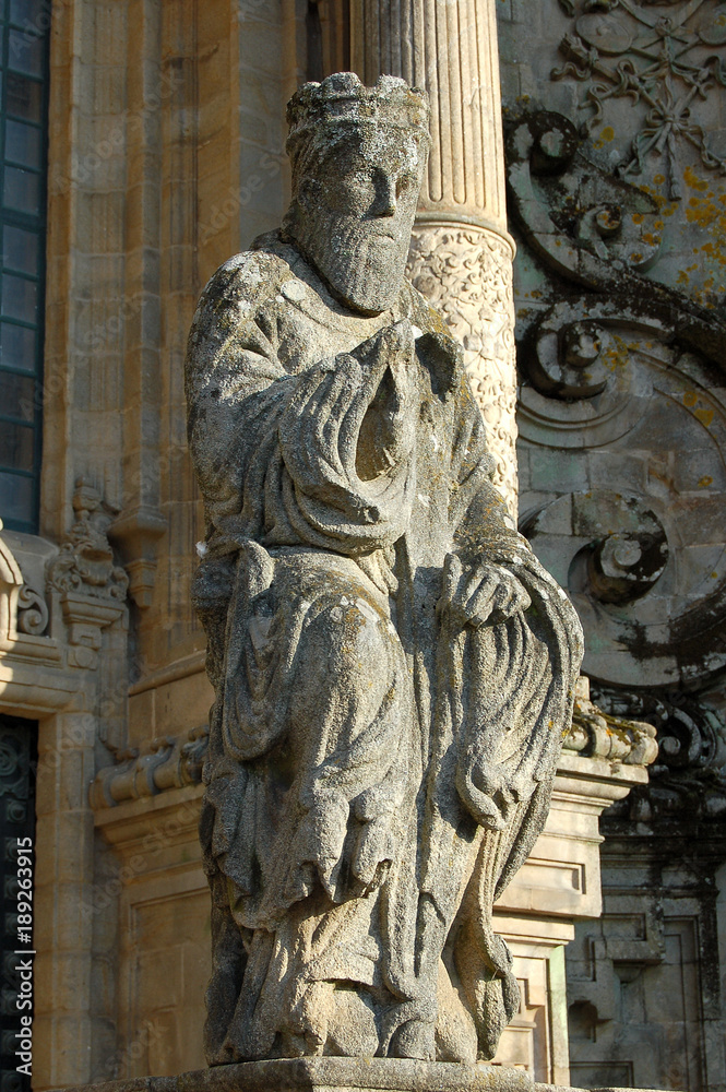 Statue in front of main entrance of the Santiago de Compostela Cathedral - Galicia, Spain