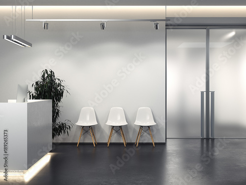 Clean interior with reception and row of chairs. 3d rendering