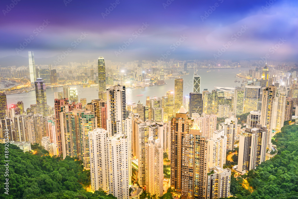 Hong Kong. View of Victoria Harbour and Hong Kong Central beside Victoria Peak. Taken from Victoria Peak (Taiping Mountain). Located in Hong Kong.