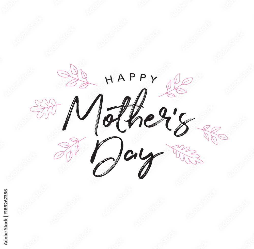 Happy Mother's Day Holiday Handwriting Background with Line Art Leaves