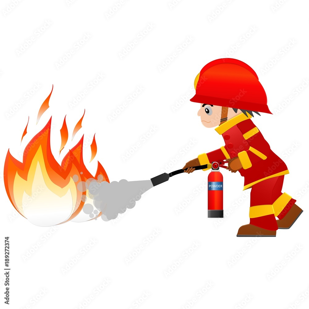 Extinguish fire. Fireman hold in hand fire extinguisher. Isolated on  background. Protection from flame. Powder from nozzle.A man demonstrating  how to use a fire extinguisher. Stock Illustration | Adobe Stock