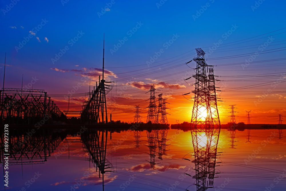 Wire electrical energy at sunset