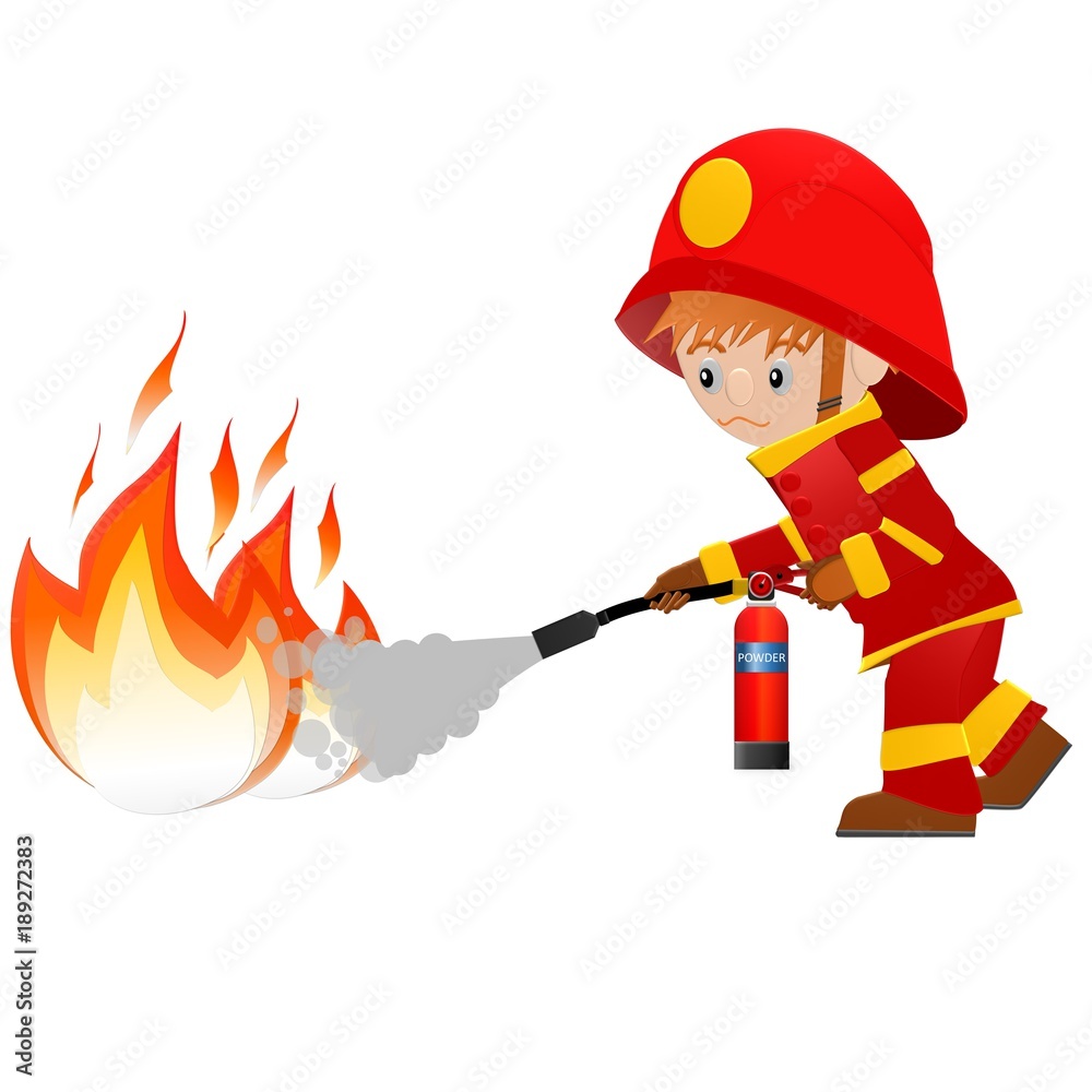 Fototapeta premium Extinguish fire. Fireman hold in hand fire extinguisher. Isolated on background. Protection from flame. Powder from nozzle.A man demonstrating how to use a fire extinguisher.