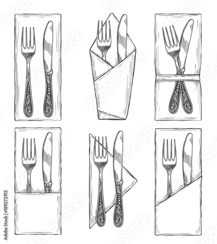 Cutlery on napkins sketch. Fork, knife and spoon on napkin set drawing, dinner table etiquette vector illustration