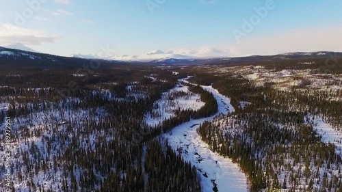 Aerial video of mountains and river. photo