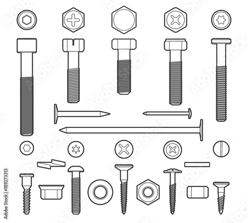 Metal fasteners line vector. Linear screws, nuts and bolts isolated on white background