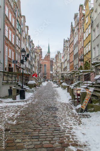 Mariacka street at winter time in old town of Gdansk in Poland.