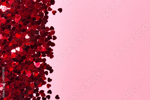 Valentine day background with red hearts, top view