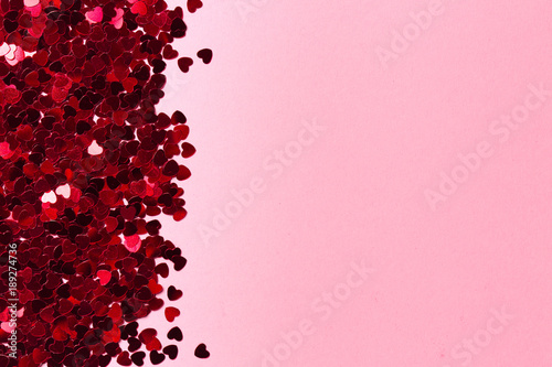 Valentine day background with red hearts, top view