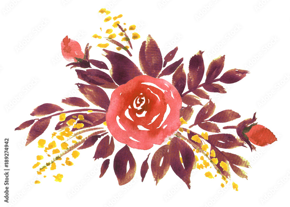 Loose watercolor flowers. Hand painted floral composition of roses and  purple leaves Stock Illustration